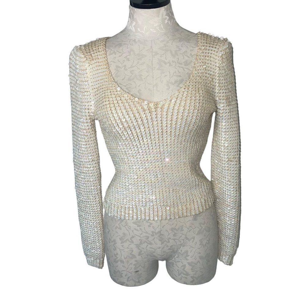 Sequin Vintage Womens Sweater Size Small Cream Knit Long Sleeve Scoop Neck